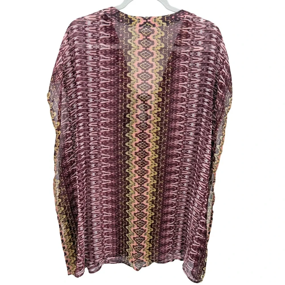 ONeill Womens Pink Purple Ikat Tribal Print Sheer‎ Tie Front Swim Cover Up M
